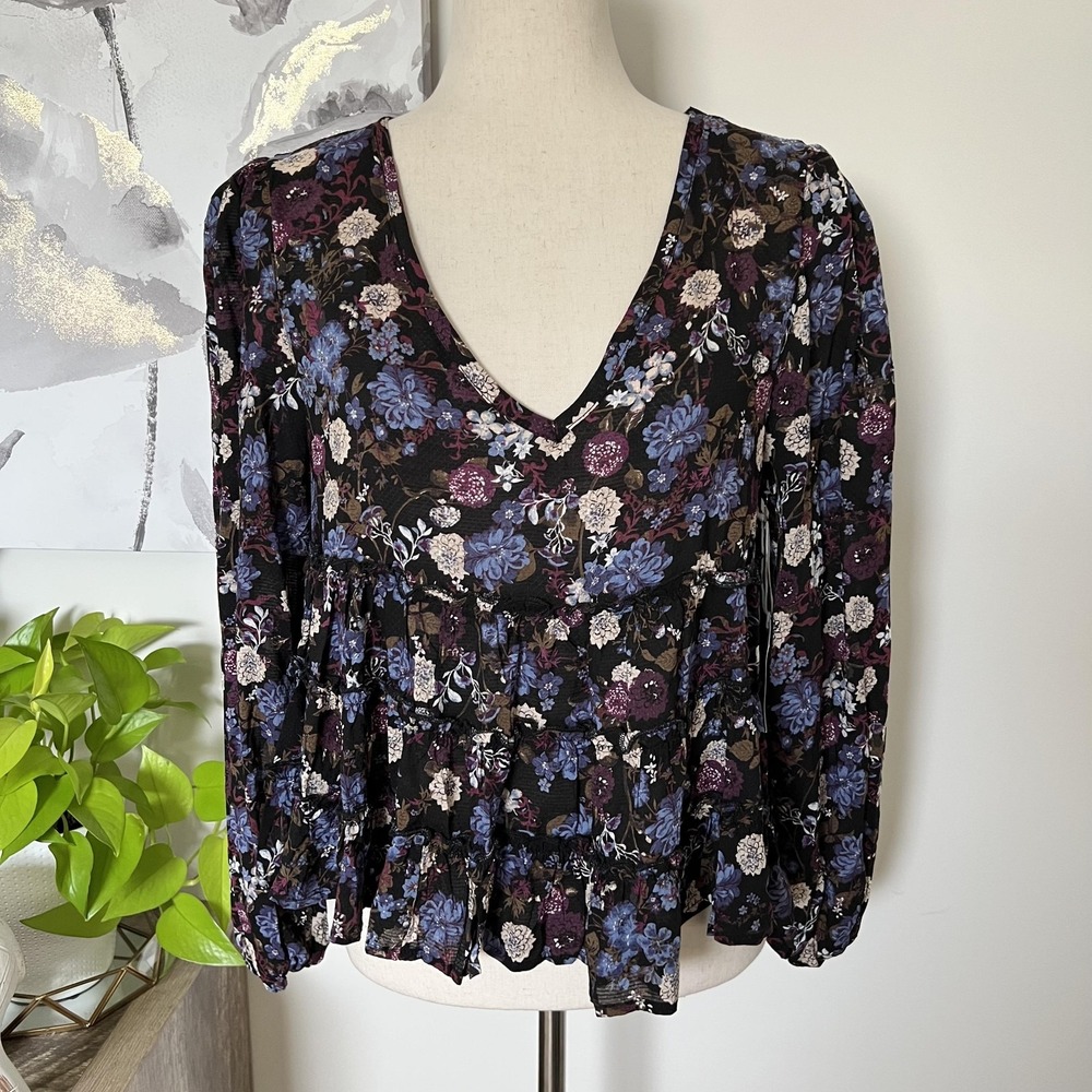 Dark Floral Babydoll Blouse Romantic Boho Cottage Fairy Goth Small Black Purple